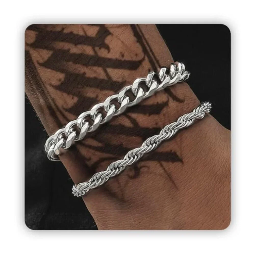 Silver Cuban Chain Bracelet Set, Waterproof Stainless Steel, Adjustable